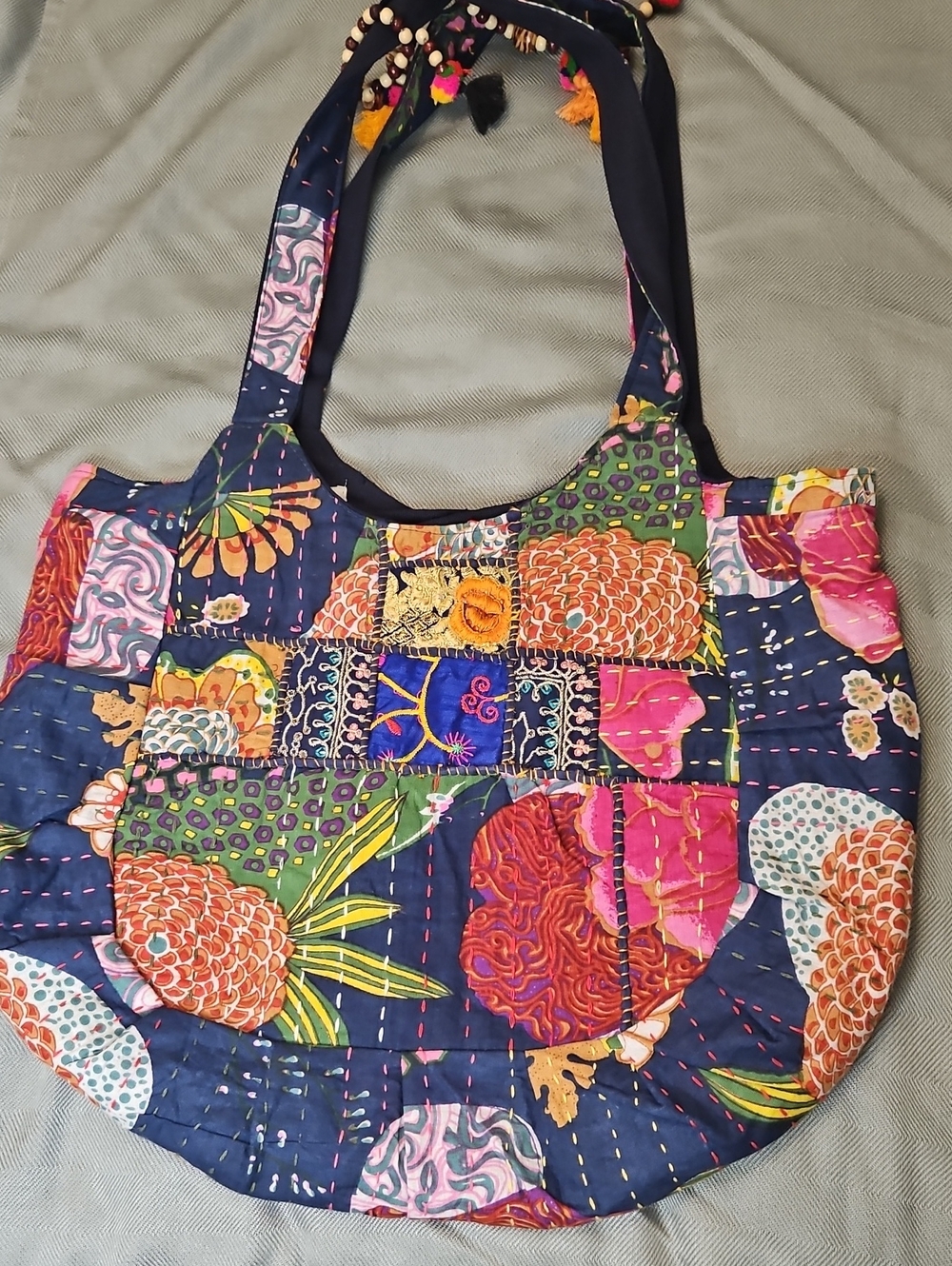 Patchwork Floral Boho Tote Bag - Navy Pink Multicolor